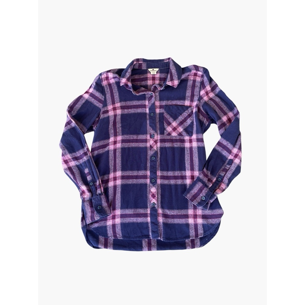 Woolrich Woman's Small Cotton Plaid Blue Pink Flannel Button Down Shirt